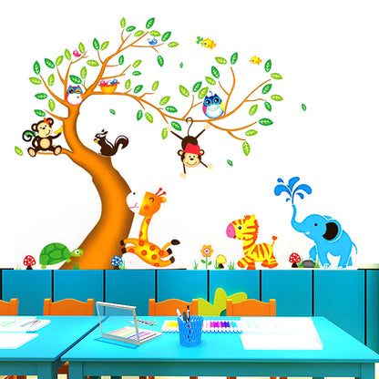 Big Tree Animals Cartoon Theme Kids Wall Art Decal Sticker Decoration for Living Room Nursery Baby Girl Boy Kid Children's Room Bedroom Decoration