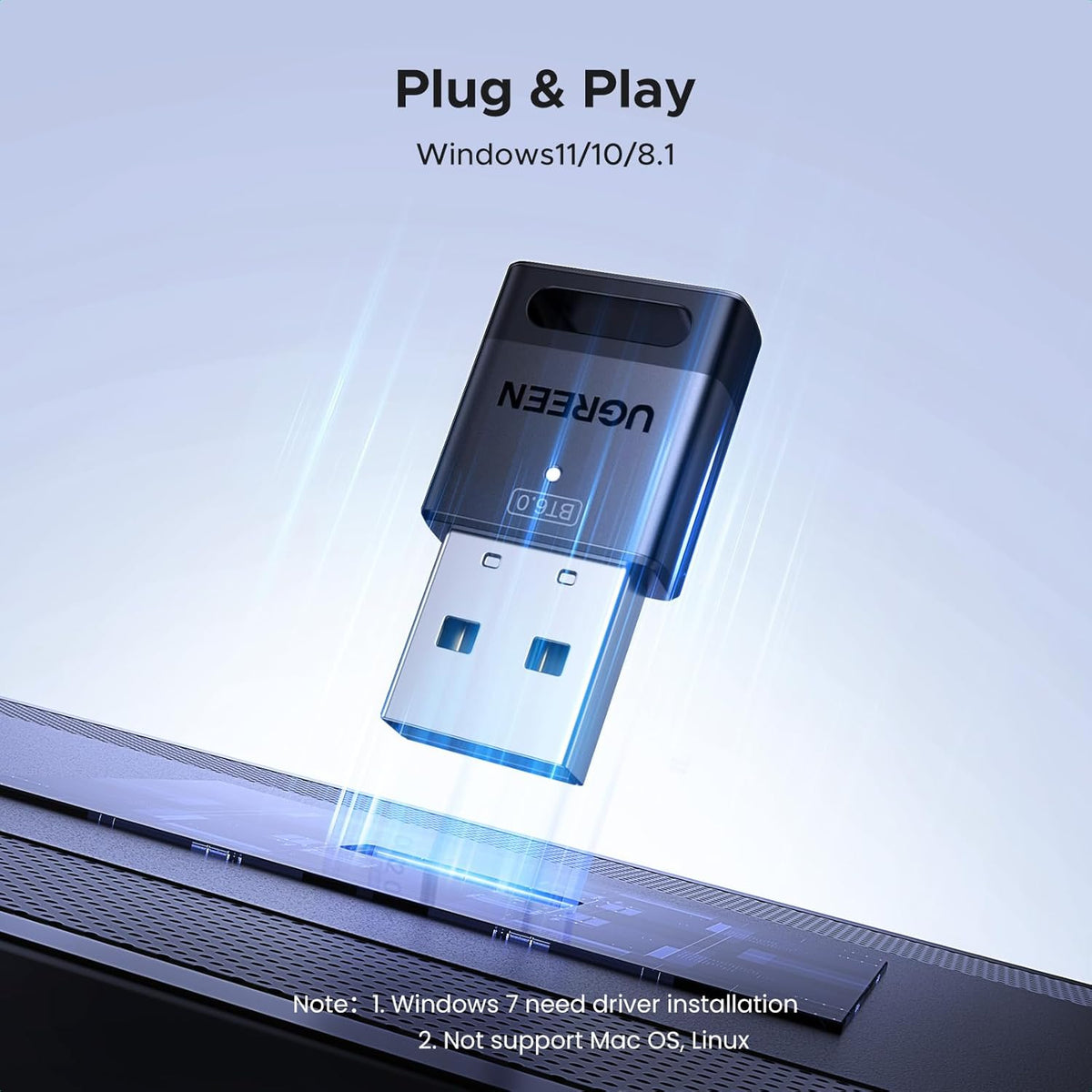 UGREEN 75073 USB Bluetooth Adapter for PC, Bluetooth 6.0 Dongle Receiver EDR & BLE, Plug & Play for Windows 11/10/8.1, for Headphone/Keyboard/Mouse/Speakers/Printer