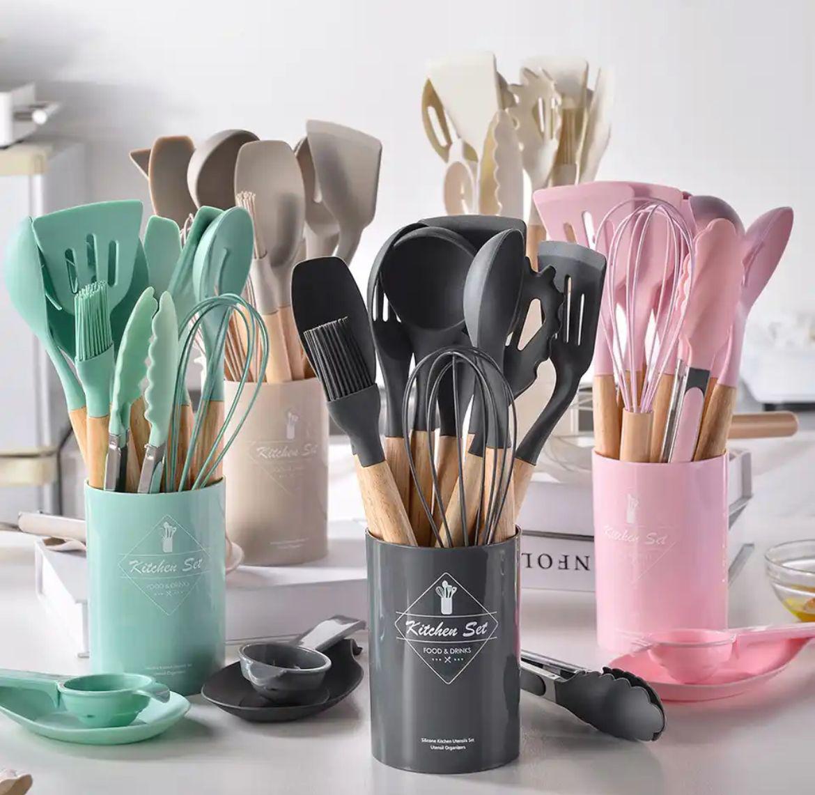12-Piece Silicone Kitchen Utensil Set with Wooden Handles â€“ Non-Stick Cooking Tools, Spatula, Spoon
