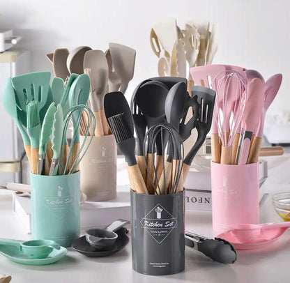 12-Piece Silicone Kitchen Utensil Set with Wooden Handles â€“ Non-Stick Cooking Tools, Spatula, Spoon