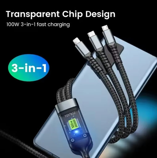 3-In-1 100W Fast Charging Cable – USB-C, Micro USB & LED Indicator