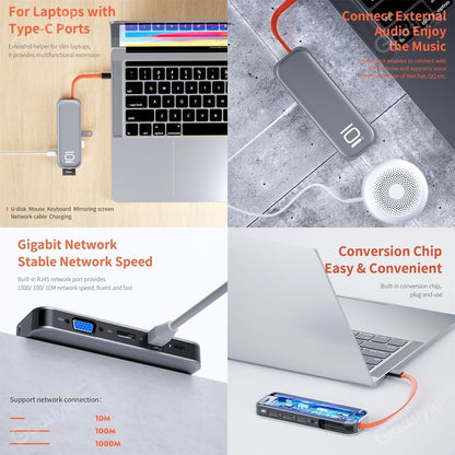ROCK 10-in-1 USB-C Hub Type-C to Multi USB 3.0 HDMI-compatible VGA RJ45 PD Fast Charging Adapter TF SD Card Reader USB Splitter Docking Station for MacBook Pro Air