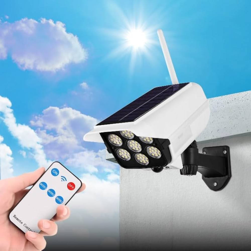 Outdoor Solar Motion Sensor Floodlight: 2000 Lumens 77 LED Fake Camera Lamp with Remote