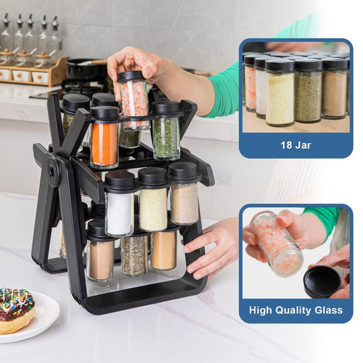 Rotating Spice Rack 18 Jars and Kitchen Labels Spinning Spice Rack Jar Organizer