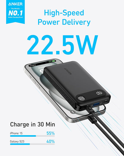 Anker Power Bank  22.5W 10,000mAh Portable Charger with Built-in USB-C Cable and Lanyard,