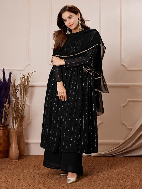 Women's Black Georgette Foil Printed Anarkali Kurta with Palazzo Set