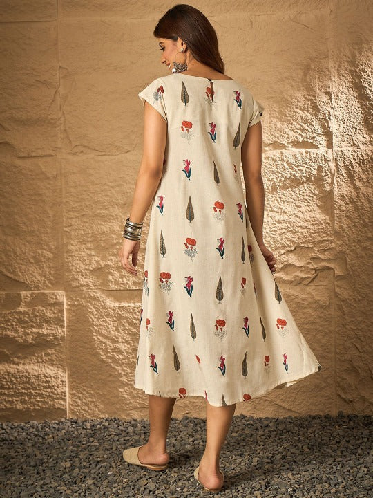 Women Tropical Printed Midi Cotton a-Line Dress
