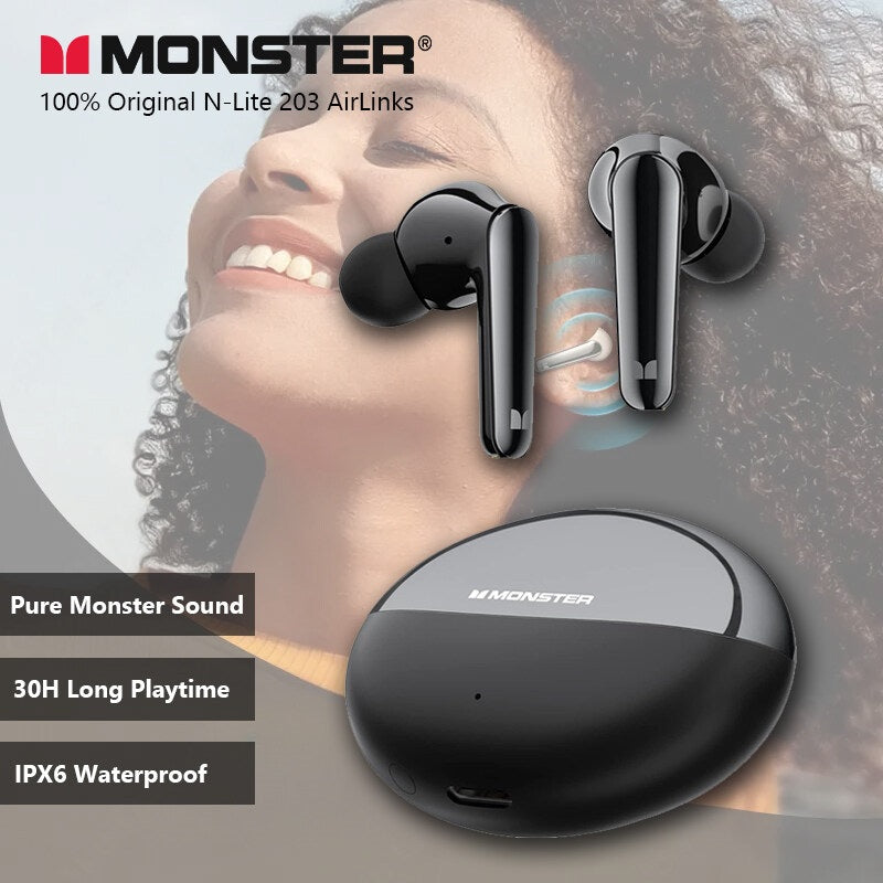 Monster N-Lite 203 AirLinks Wireless Earbuds Bluetooth Headphones HiFi Stereo, Wireless Earphones with 30H Playback, Type-C Charging, HD Clear Call