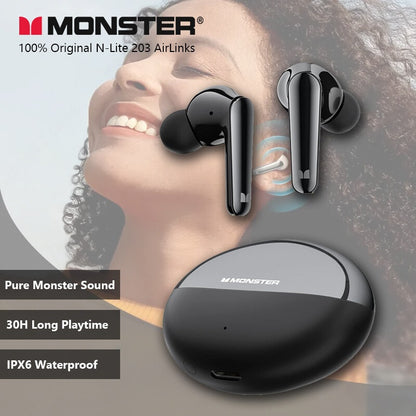 Monster N-Lite 203 AirLinks Wireless Earbuds Bluetooth Headphones HiFi Stereo, Wireless Earphones with 30H Playback, Type-C Charging, HD Clear Call