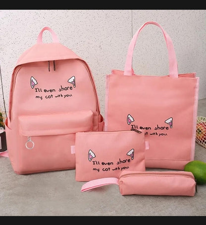 4 In 1 Canvas Student Schoolbag New Four-Piece Double Back Korean Letters with Hairball School Bag