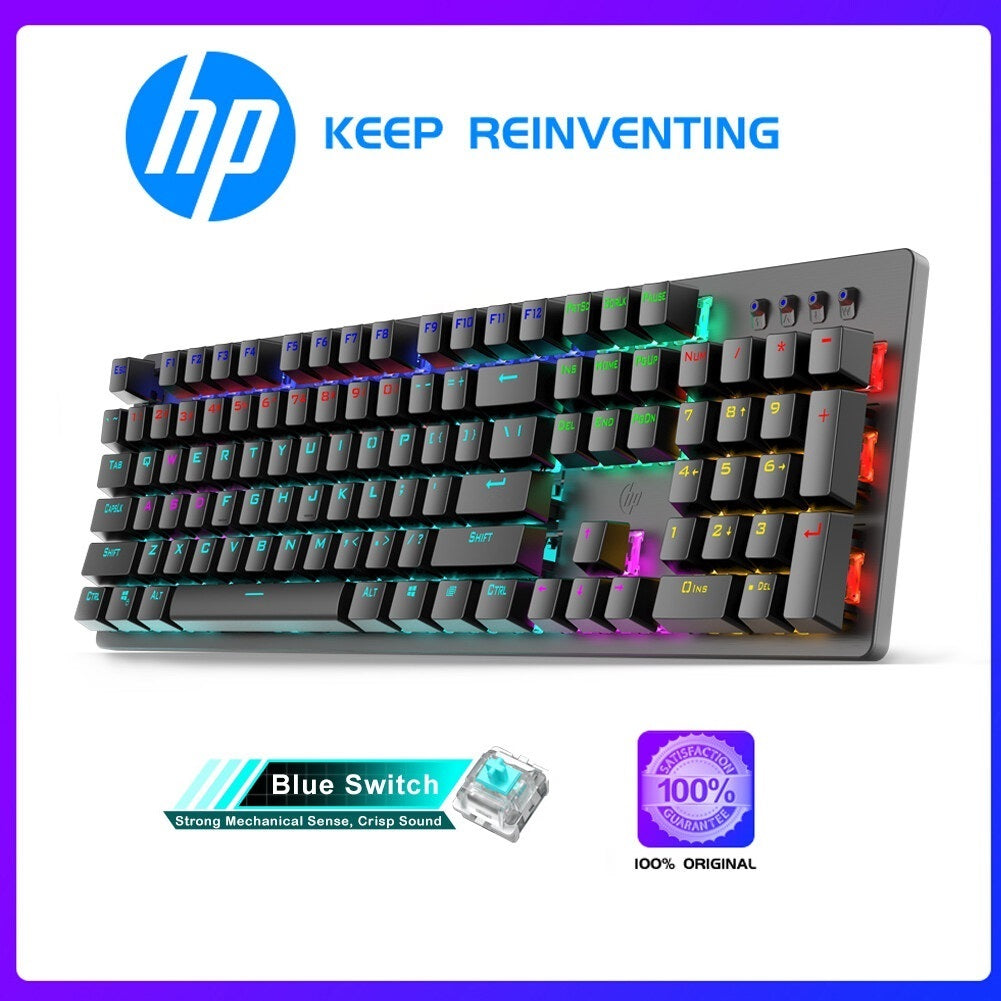 HP GK100F Mechanical Gaming Wired Keyboard with Mixed Backlight, 104 Keys Blue Switch, 60 Million Times Key Life, Metal Pan for PC Office Home