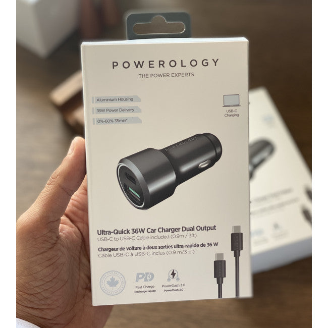 100% Genuine Powerology 36W Car Charger PD + QC3.0 With USB-C To USB-C Cable