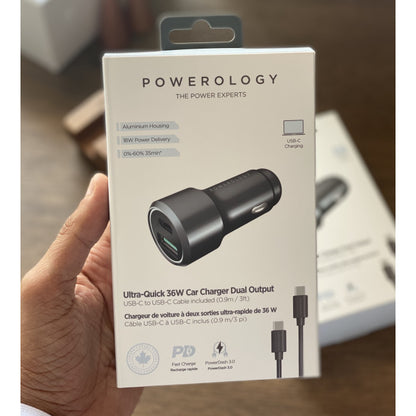100% Genuine Powerology 36W Car Charger PD + QC3.0 With USB-C To USB-C Cable