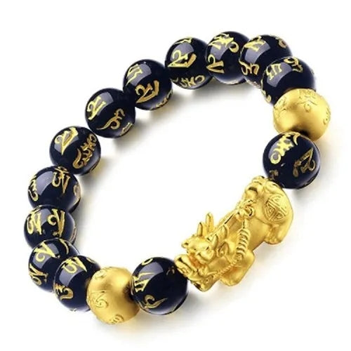 Feng Shui Black Obsidian Mantra Visit Wealth Bracelet 8MM