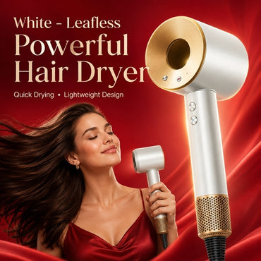 White Leafless Hair Dryer with Strong Airflow, Quick Drying and Low Noise Design