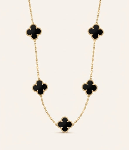 Elegant Golden Multi Black Onyx Clover Lucky Motif Statement Necklace
