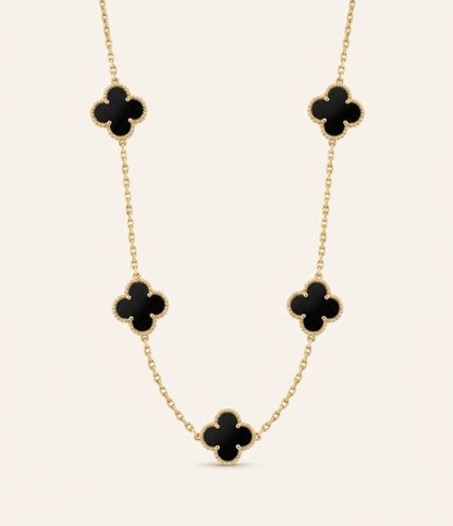 Elegant Golden Multi Black Onyx Clover Lucky Motif Statement Necklace