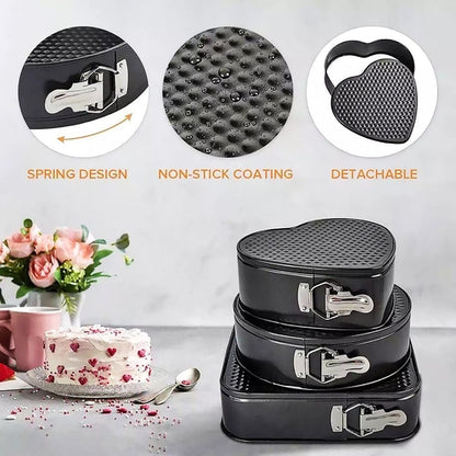 3 Pcs Cake Mould Tray Heart Square Circle Cheesecake 3Pcs Bakeware Pan - Black