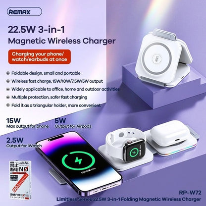 Remax RP-W72 22.5w 3in1 Magnetic Wireless Charger For Mobile Smart Watch & Wireless Earbuds