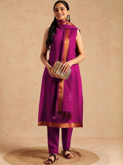 Women Regular Pure Cotton Kurta with Trousers & with Dupatta