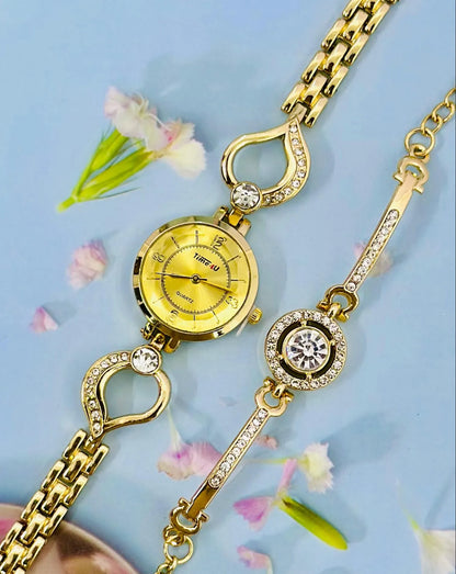 Luxury Women Shiny Bracelet Watches 2Pcs Set Gold / Silver / Rose Gold Watch