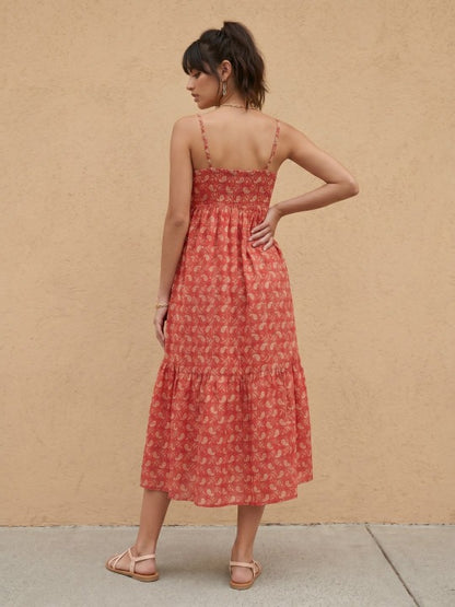 Paisley Printed Sweetheart Neck Midi Tiered Dress