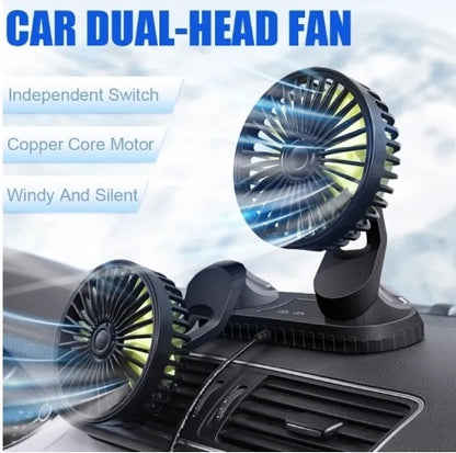 Dual Headed Car Fan 12V & 24V with 360° Rotatable Adjustable Design, USB-Powered Dashboard