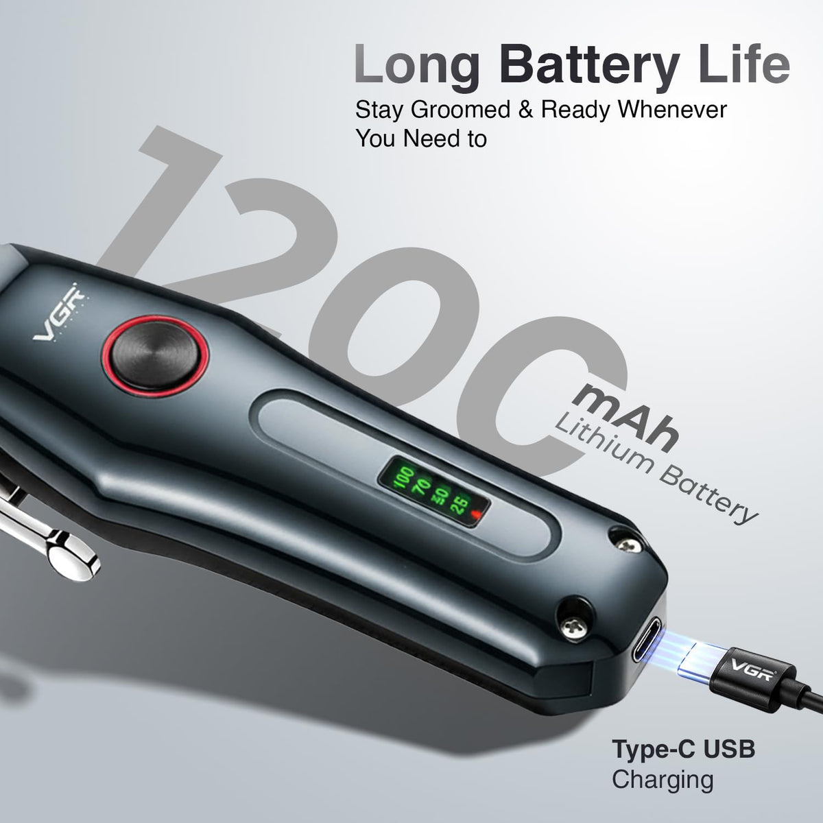 VGR V-969 Professional Salon Series Hair Clipper - 180 Minutes Runtime, Turbo Function, 1200mAh Lithium Battery, LED Display, USB Charging, Cord/Cordless, 4 Guide Combs & Precision Trimming