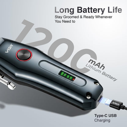 VGR V-969 Professional Salon Series Hair Clipper - 180 Minutes Runtime, Turbo Function, 1200mAh Lithium Battery, LED Display, USB Charging, Cord/Cordless, 4 Guide Combs & Precision Trimming