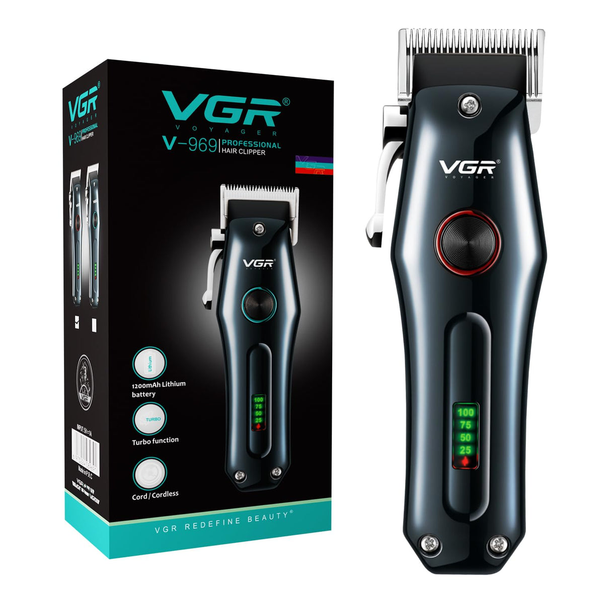 VGR V-969 Professional Salon Series Hair Clipper - 180 Minutes Runtime, Turbo Function, 1200mAh Lithium Battery, LED Display, USB Charging, Cord/Cordless, 4 Guide Combs & Precision Trimming