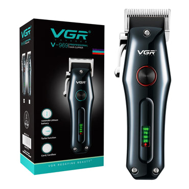 VGR V-969 Professional Salon Series Hair Clipper - 180 Minutes Runtime, Turbo Function, 1200mAh Lithium Battery, LED Display, USB Charging, Cord/Cordless, 4 Guide Combs & Precision Trimming