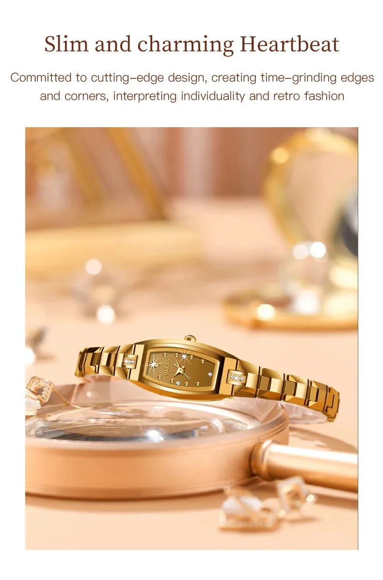 DISHIDU Women's Slim Tungsten Steel Watch - Tonneau Square Diamond Quartz
