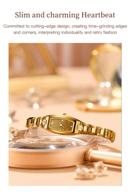 DISHIDU Women's Slim Tungsten Steel Watch - Tonneau Square Diamond Quartz