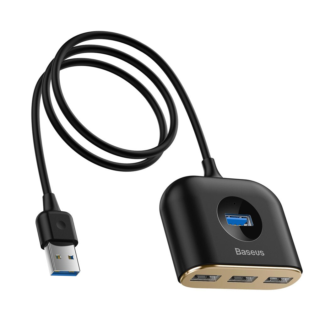100% Genuine BASEUS Square Round 4 in 1 USB Hub Adapter (USB3.0 to USB3.0*1+USB2.0*3) 1m Cable - Black