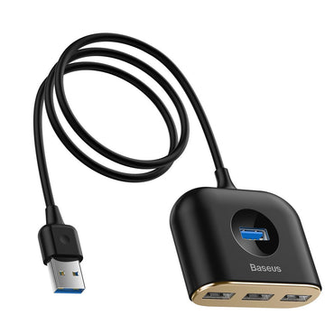 100% Genuine BASEUS Square Round 4 in 1 USB Hub Adapter (USB3.0 to USB3.0*1+USB2.0*3) 1m Cable - Black