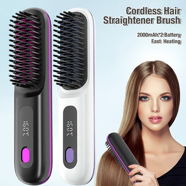Cordless Hair Straightener Brush – Fast Heating, Type-C Rechargeable, Anti-Scald Hot Comb for Women
