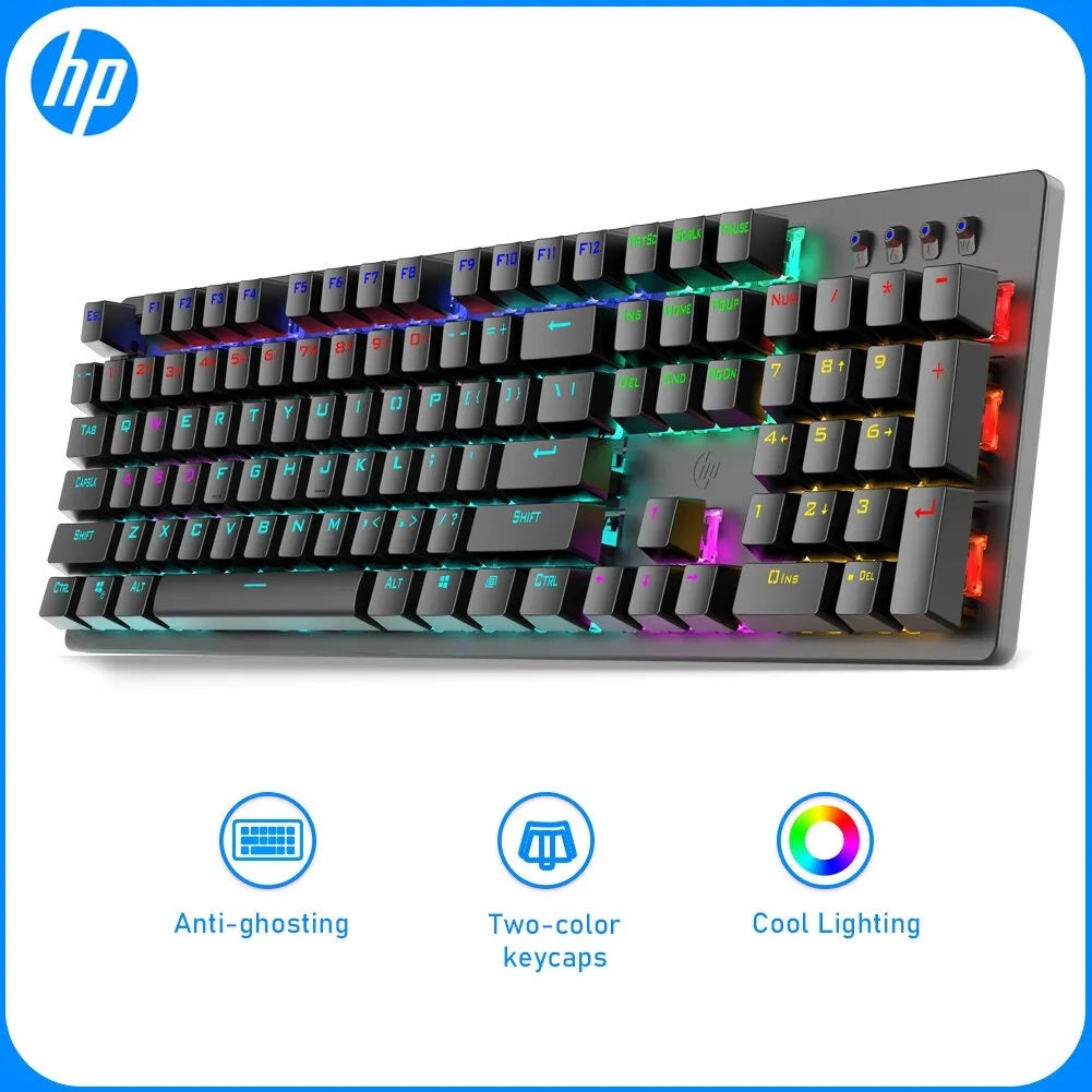 HP GK100F Mechanical Gaming Wired Keyboard with Mixed Backlight, 104 Keys Blue Switch, 60 Million Times Key Life, Metal Pan f