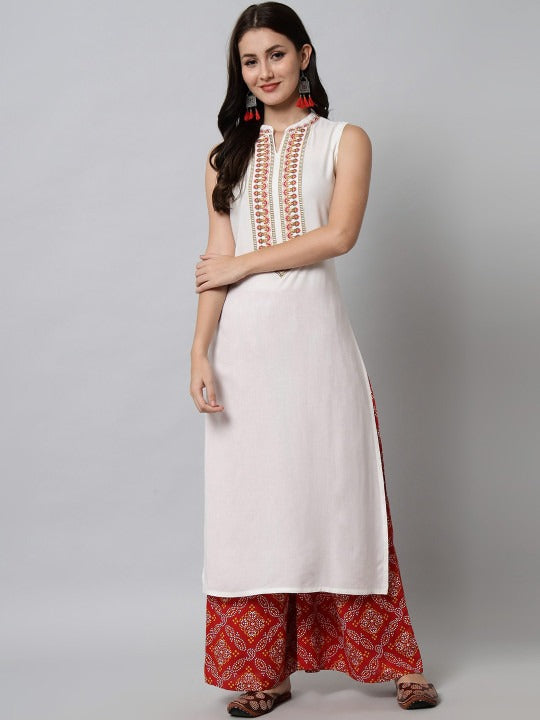 Women White Bandhani Embroidered Kurta with Palazzos
