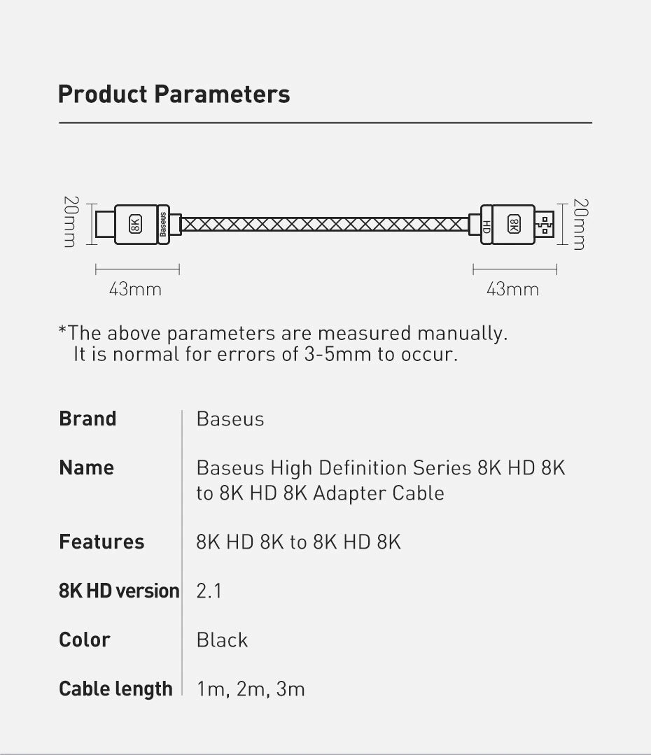 Baseus 8K HDMI-compatible 60Hz Cable 48Gbps Digital 4K Cable For Xiaomi Mi TV Box DVD PS5 PS4 PC Box Splitter Switch Video Ca
