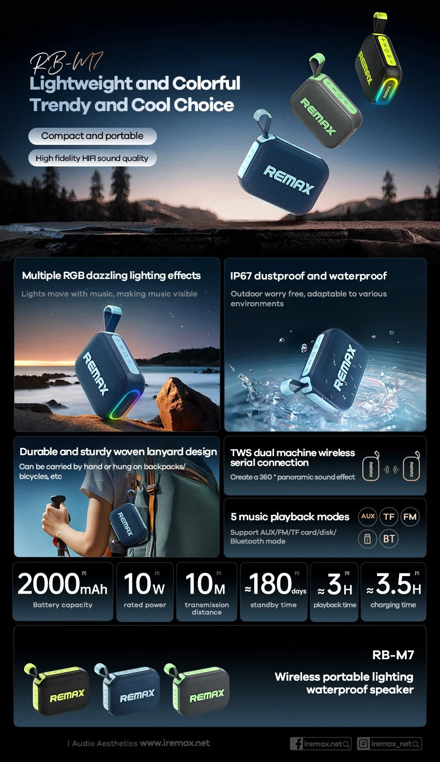 REMAX RB-M7 Portable Wireless Speaker IP67 Waterproof RGB Light TWS HiFi Sound Loudspeaker 10W