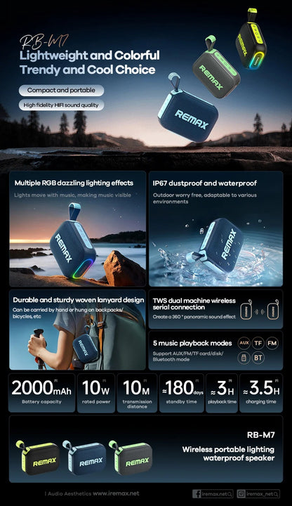 REMAX RB-M7 Portable Wireless Speaker IP67 Waterproof RGB Light TWS HiFi Sound Loudspeaker 10W
