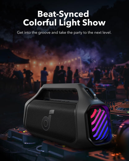 Anker Soundcore Boom 2 Plus Outdoor Speaker, 140W, 2+2 Channel, BassUp 2.0, 20H Playtime, Fast Charge, IPX7 Waterproof, RGB Lights, Power Bank, Bluetooth 5.3, Portable for Outdoors, Camping, Beach