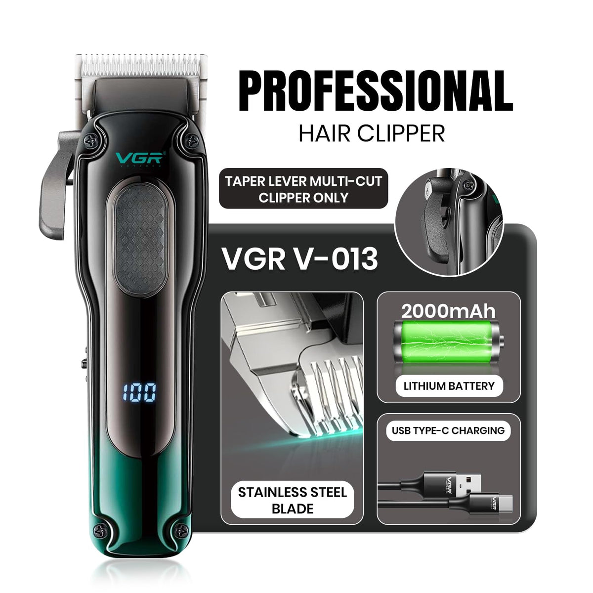 VGR V-013 Professional Salon Quality Hair Clipper – 200 Minutes Runtime, 2000mAh Lithium Battery, Adjustable Taper Lever, 8 G