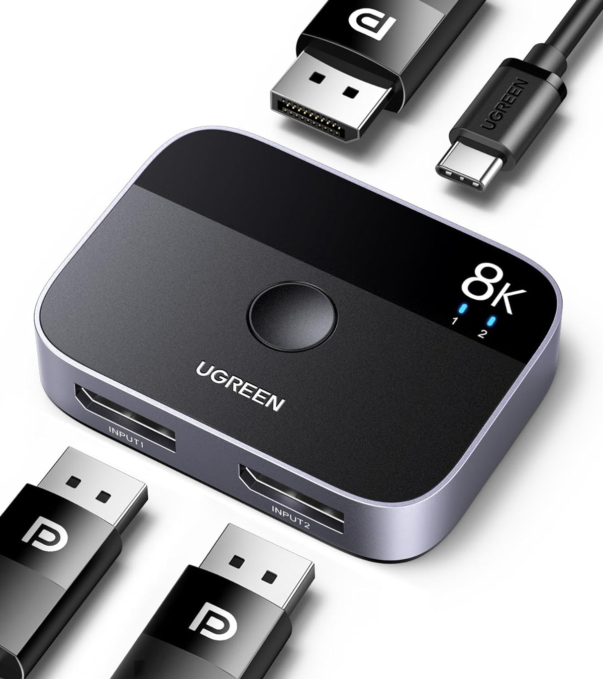 UG DisplayPort Switch 8K DP 1.4 Bidirectional Display Port Splitter 2 in 1 Out Supports 8K@30Hz 4K@240Hz Free-Sync G-sync for PC Host Monitor Laptop with 1 DP Cable and 1 USB-C Cable
