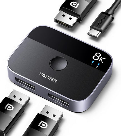 UG DisplayPort Switch 8K DP 1.4 Bidirectional Display Port Splitter 2 in 1 Out Supports 8K@30Hz 4K@240Hz Free-Sync G-sync for PC Host Monitor Laptop with 1 DP Cable and 1 USB-C Cable