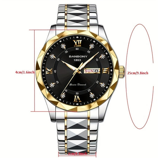 Luxury Men's Stainless Steel Quartz Watch – Waterproof, Luminous, Day & Date Display, Stylish