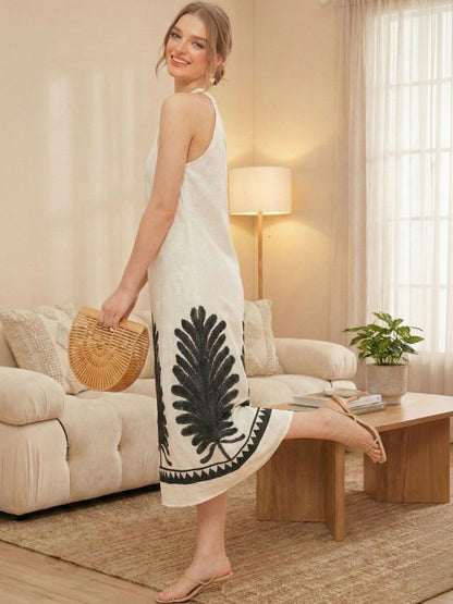 Floral Embroidered Halter Neck Linen Blend Midi Dress