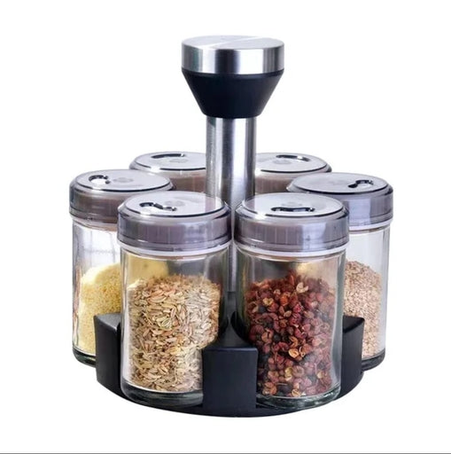 Seven Piece Spice Jar Set with Glass Organizer and Rotating Rack Ideal for Seasoning