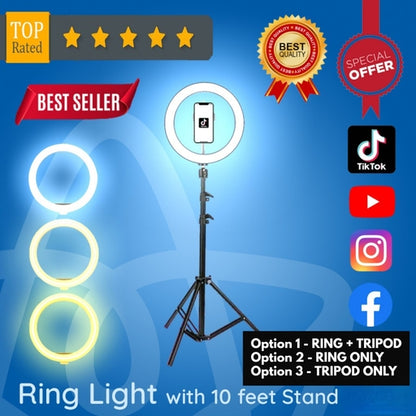 Ring Light with Stainless Steel Stand Tripod and Phone Holder - Tiktok Light - Youtube - Facebook