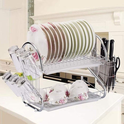 Space-Saving 2-Tier S Shaped Dish Drying Rack Kitchen Organizer with Stainless Steel Build